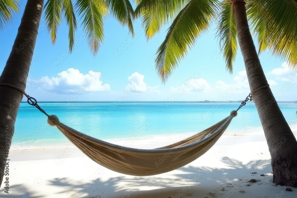 Poster the image shows a hammock tied between two palm trees on a tropical beach