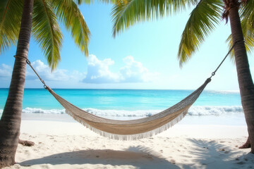 The image shows a hammock tied between two palm trees on the beach
