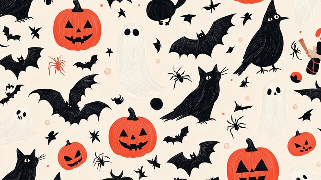 Halloween-themed seamless pattern on a light background