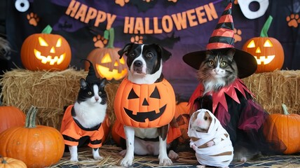 Adorable pets dressed in Halloween costumes for a fun, festive competition. Perfect for pet, holiday.
