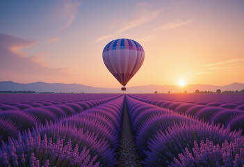 Fototapeta premium A hot air balloon is flying over a field of lavender