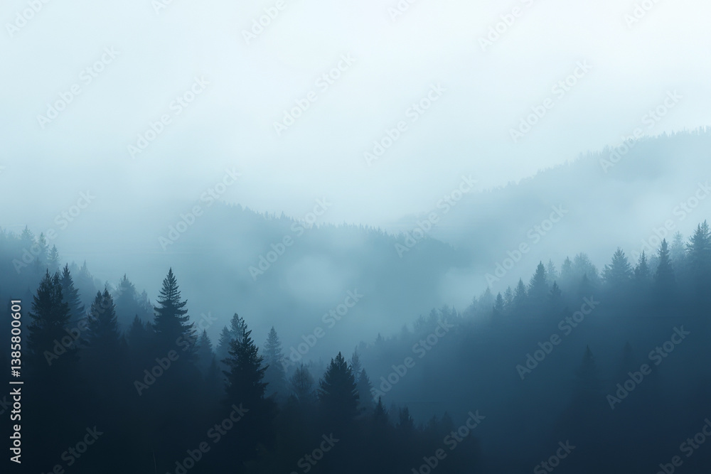 Poster the image shows a foggy forest with trees in the foreground and mountains in the background. the tre