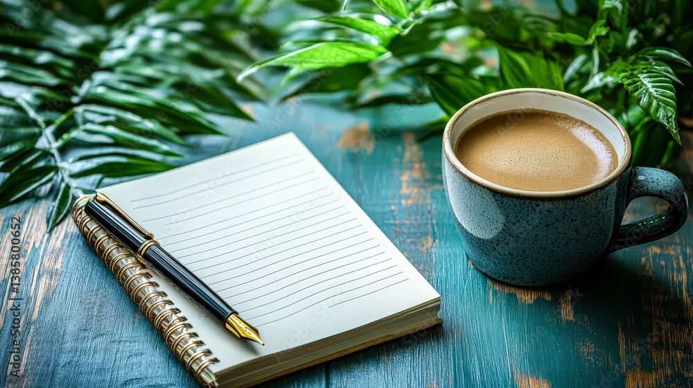 Poster pen and a cup of coffee sit on a table next to a notebook. the notebook is open to a blank page, and