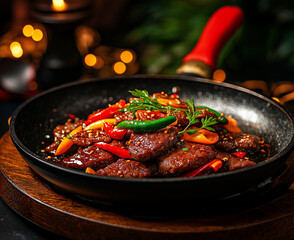 Sizzling beef with hot and sour peppers in pan, garnished with herbs, creates vibrant and appetizing dish. warm ambiance enhances culinary experience