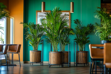 Fototapeta premium Interior Design with Tropical Plants in Restaurant Stylish Wooden Planters Against Teal Wall, Ambient Lighting and Modern Furniture