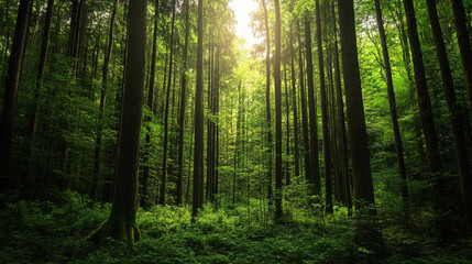 Obraz premium The dense green forest thrives with towering trees, offering a peaceful sanctuary for wildlife.