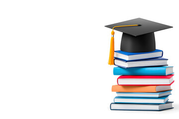 Graduation cap on top of a stack of books, isolated on white background