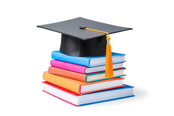 Graduation cap on top of a stack of books, isolated on white background