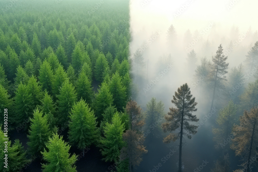 Poster the image shows a foggy forest with trees in the foreground and a forest in the background. the tree