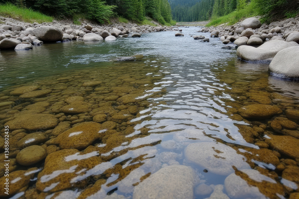 Poster the image shows a river with rocks and trees in the background. the water is crystal clear and the r