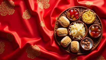 Fototapeta premium A Vibrant Flatlay Photograph Showcasing Traditional Lunar New Year Delicacies with Buns, Noodles, and Candied Fruits Set Against a Festive Red Silk Cloth