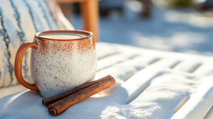 A stylish coffee mug and cinnamon resting on white lounger fine grains of sand around