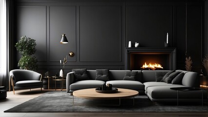 Modern living room with a minimalist design featuring a black accent wall