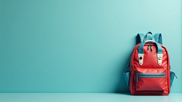 Stylish Red Backpack on Blue Background