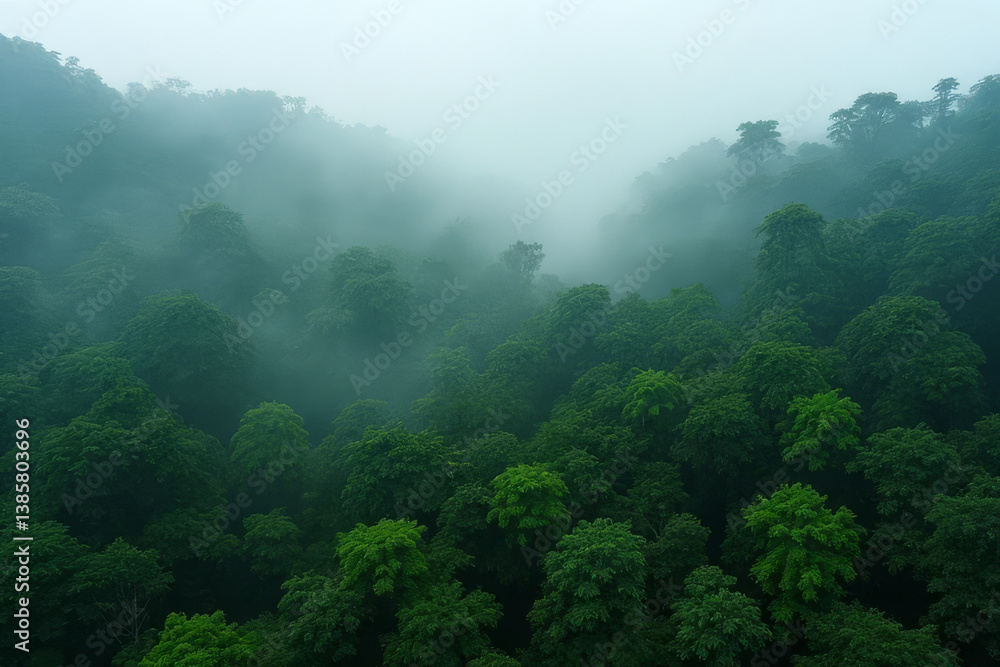 Poster the image shows a lush green forest with tall trees in the middle of it