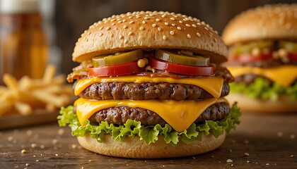 Double Cheeseburger with Fresh Lettuce, Pickles, and Tomatoes – Delicious Fast Food Meal