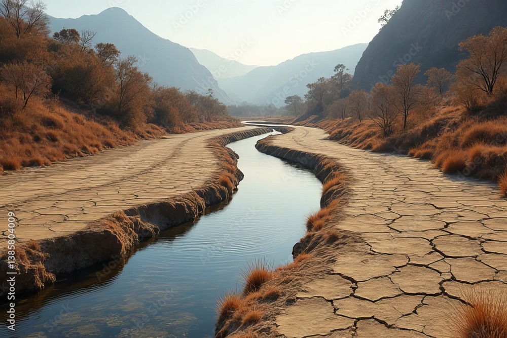 Poster the image shows a river running through a dry
