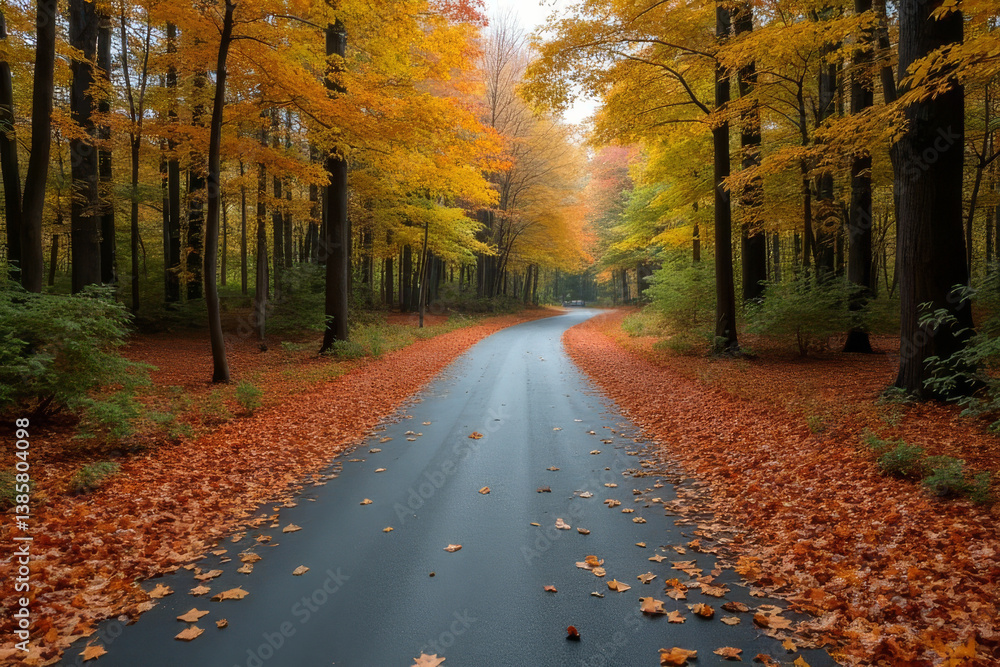 Poster the image shows a road in the middle of a forest with trees on either side and leaves on the ground.