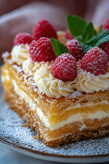Layered pastry dessert with cream, raspberries, and mint garnish, dusted with powdered sugar