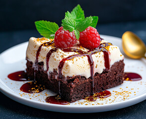 Decadent chocolate brownie topped with creamy ice cream, raspberry sauce, and fresh raspberries, garnished with mint leaves for delightful dessert experience
