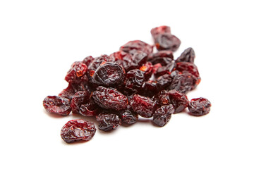 Close-up of a pile of dried cranberries with a glossy, wrinkled texture. Vibrant red tones contrast...