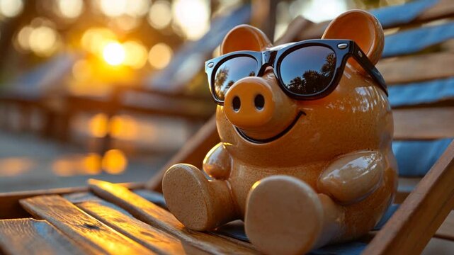 Piggy bank relaxing on beach chair, sunset, summer vacation, financial freedom