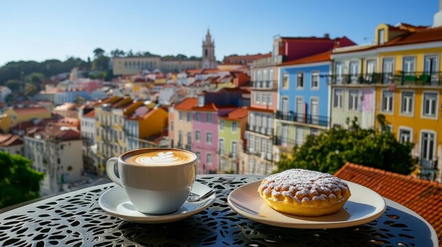 Scenic rooftop view in Lisbon with cappuccino and pastel de nata overlooking colorful houses