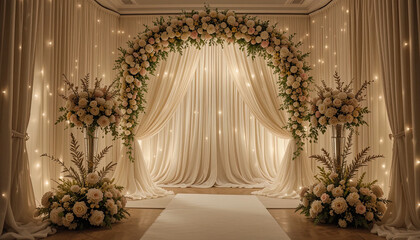 The image depicts an elegant and romantic wedding ceremony setting with floral decorations, soft lighting, and flowing curtains.