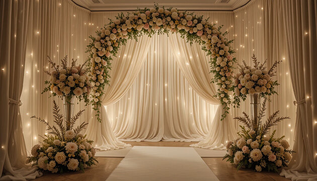 The image depicts an elegant and romantic wedding ceremony setting with floral decorations, soft lighting, and flowing curtains.