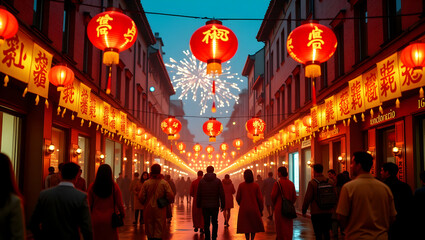 Enchanting Chinatown Nightscape, A Cinematic Street Scene with Glowing Lanterns and Distant Fireworks Illuminating a Festive Gathering