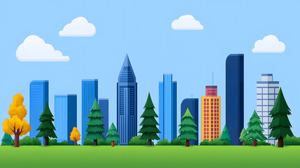 City skyline with tall buildings flat vector style illustration isolated on background
