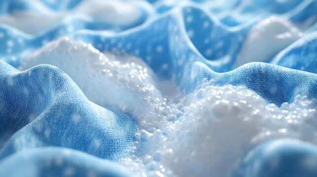 Blue fabric covered in white soap suds clean laundry detergent bubbles