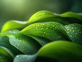 Fresh green leaf with water droplets macro
