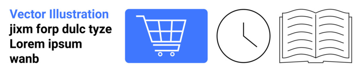 Blue shopping cart, outlined clock, and open book side by side. Ideal for online shopping, time tracking, education material, scheduling, digital commerce, learning tools simple landing page