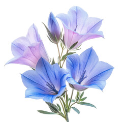 Delicate blue and purple flowers bloom against a black background showcasing their intricate details and soft hues isolated on transparent background
