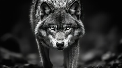 Obraz premium Staring wolf, monochrome portrait, focused, intense, dark background