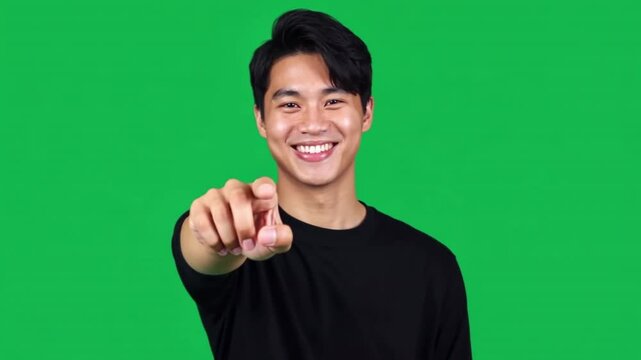 A person pointing at the camera with a smile, showcasing positive emotions and AI-driven human interaction, perfect for marketing and motivational content.