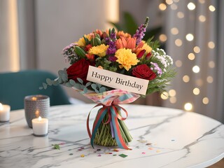 Happy birthday card with bouquet of flowers