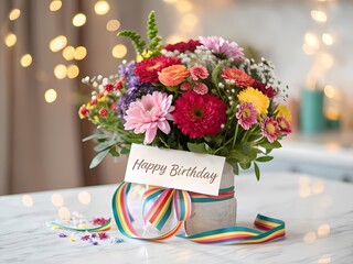 Happy birthday card with bouquet of flowers
