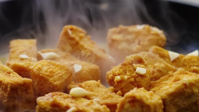 Close-up of sizzling golden brown fried tofu pieces in a pan, releasing steam and garnished with garlic
