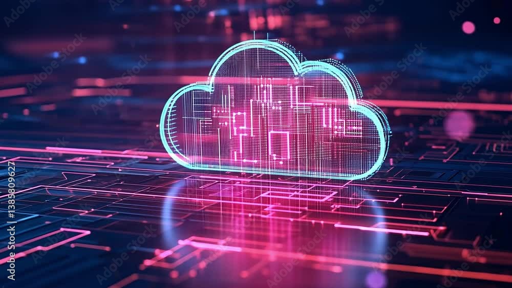 Poster Abstract digital background with glowing cloud symbol and circuit patterns representing data storage, technology, and cloud computing in vivid colors