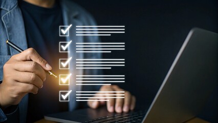 Task Completion and Digital Productivity: Person Using Laptop with Virtual Checklist Interface