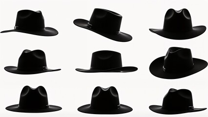 A set of nine black cowboy hats on a white background.