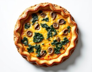 Quiche with golden crust, spinach, mushrooms, and egg custard filling Generative AI