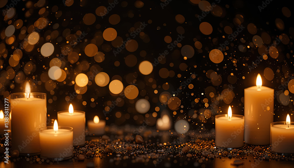 Poster the image shows a collection of lit candles with a dark background and a beautiful bokeh effect.
