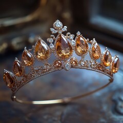 Elegant golden tiara with intricate designs and sparkling gemstones