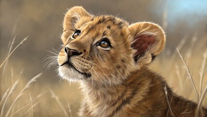 Obraz premium Adorable Lion Cub Gazing Upwards in Serengeti Grassland A Breathtaking Digital Painting of a Young Lion