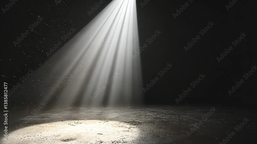 Poster a lone beam of light shines through darkness, illuminating a small circular area on a textured surfa