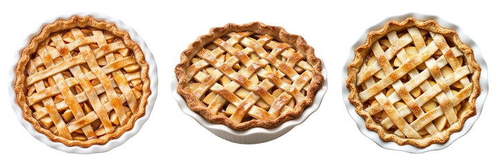 Three golden apple pies with lattice crusts.