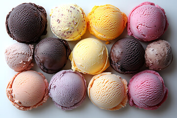 Variety Of Colorful Ice Cream Scoops On White Surface Delicious Dessert
